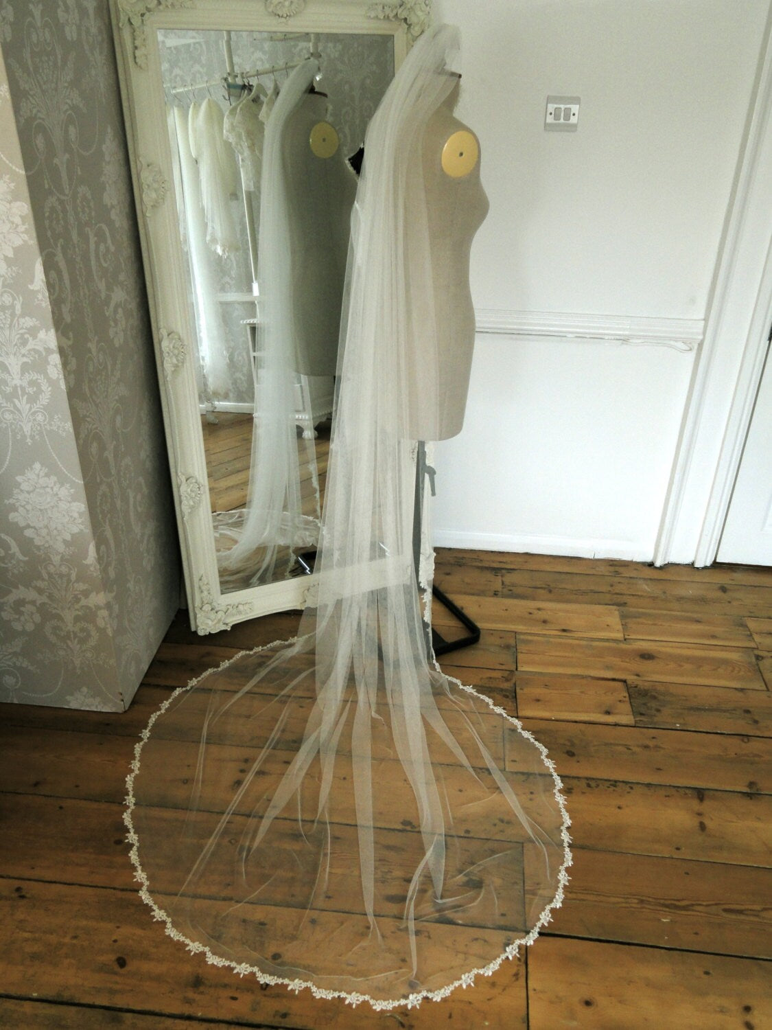 Floral lace edged chapel length long veil