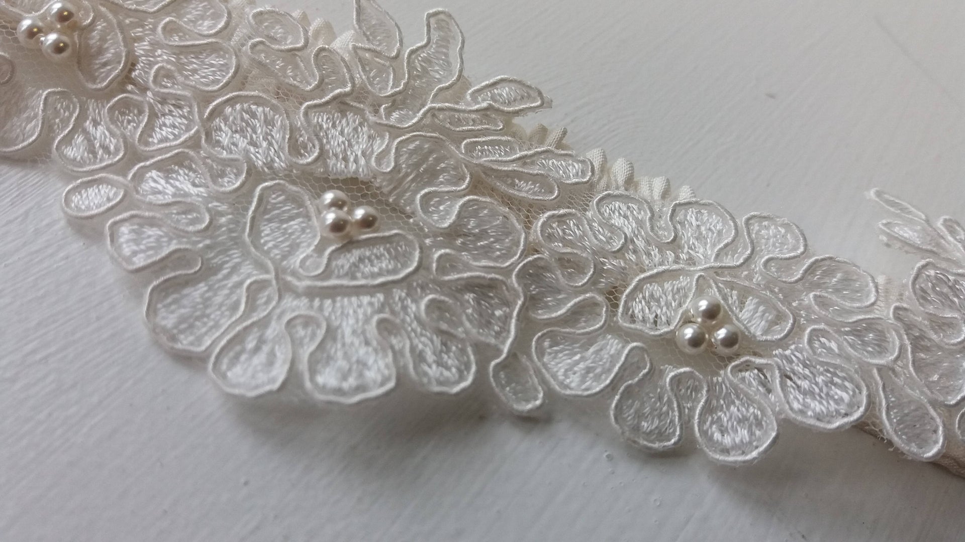 Pearl beaded wedding garter, handmade in Truro, Cornwall, UK