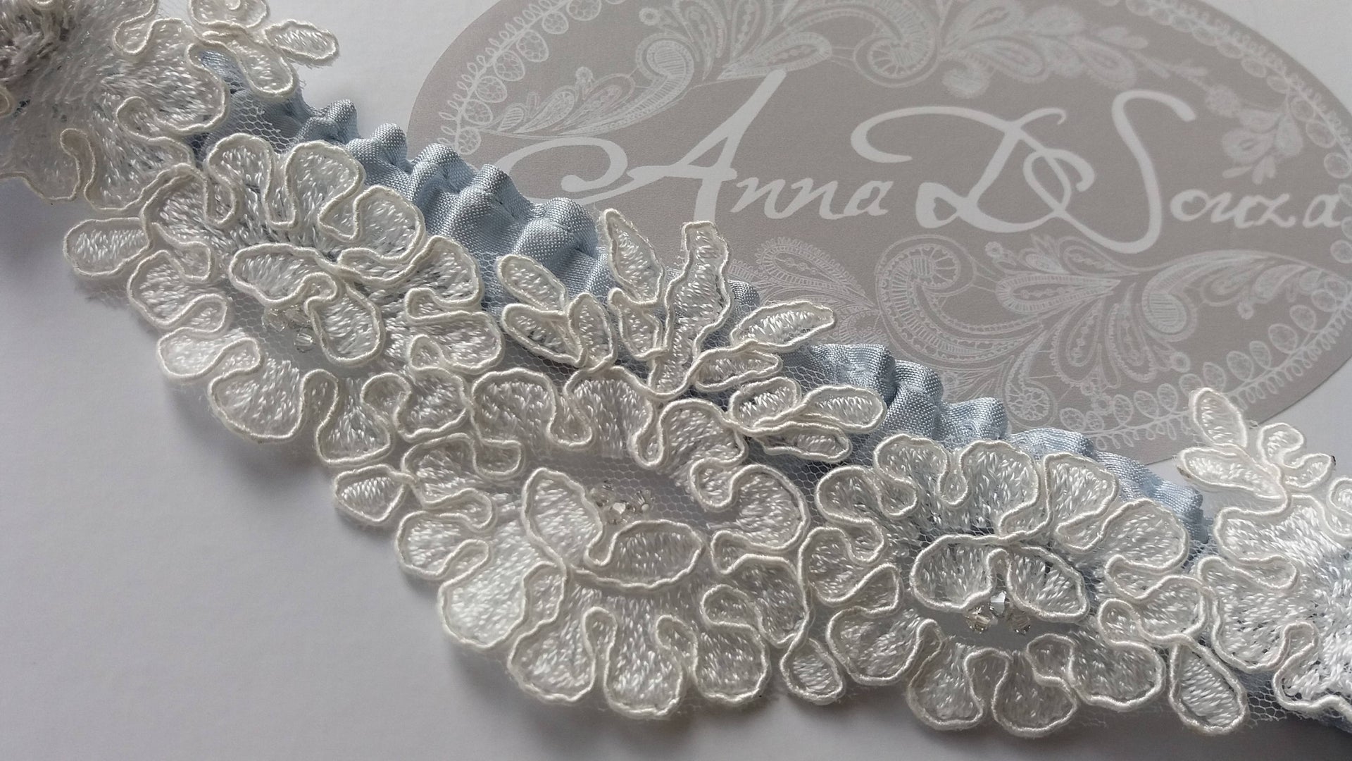 Blue silk wedding garter, handmade in Truro, Cornwall, UK