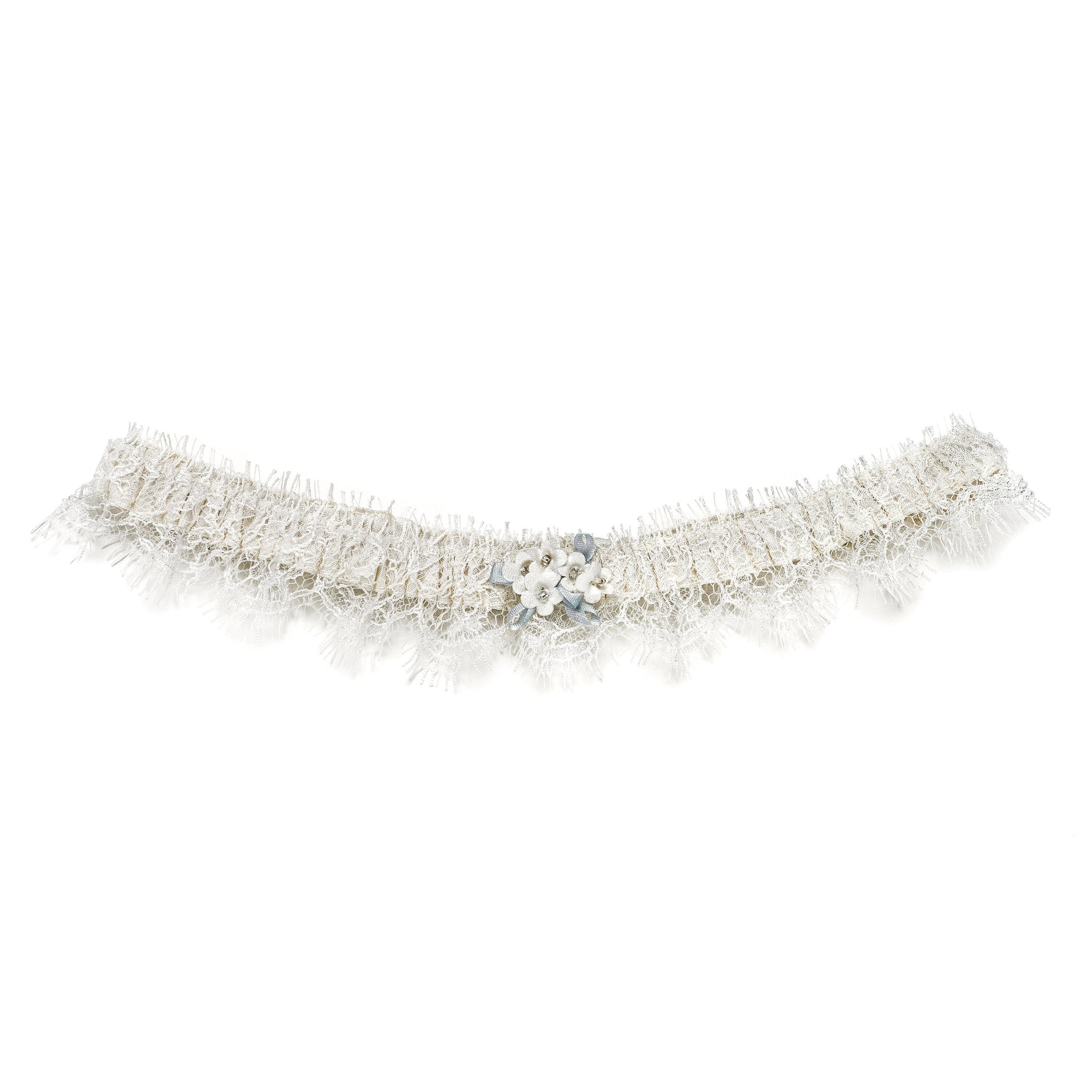 Ivory silk and French lace garter, forget-me-nots, Truro, Cornwall, UK