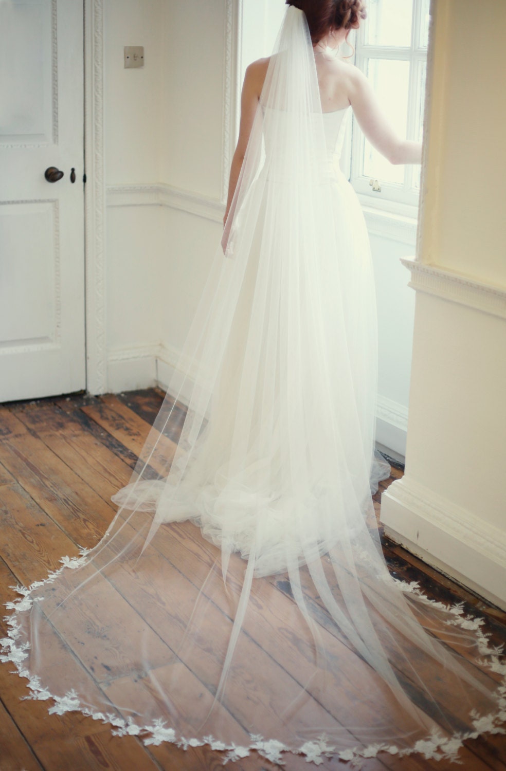 Chapel length lace edged couture wedding veils, Truro Cornwall UK
