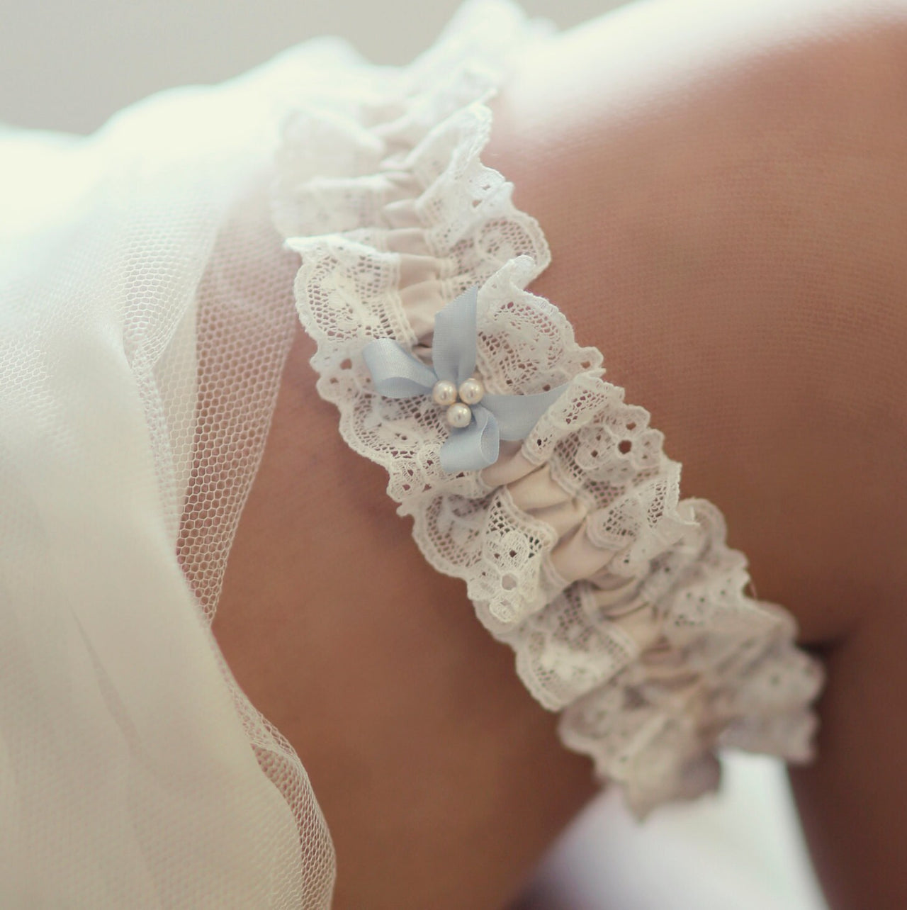 Lace Wedding Garter, with blue silk ribbon bow