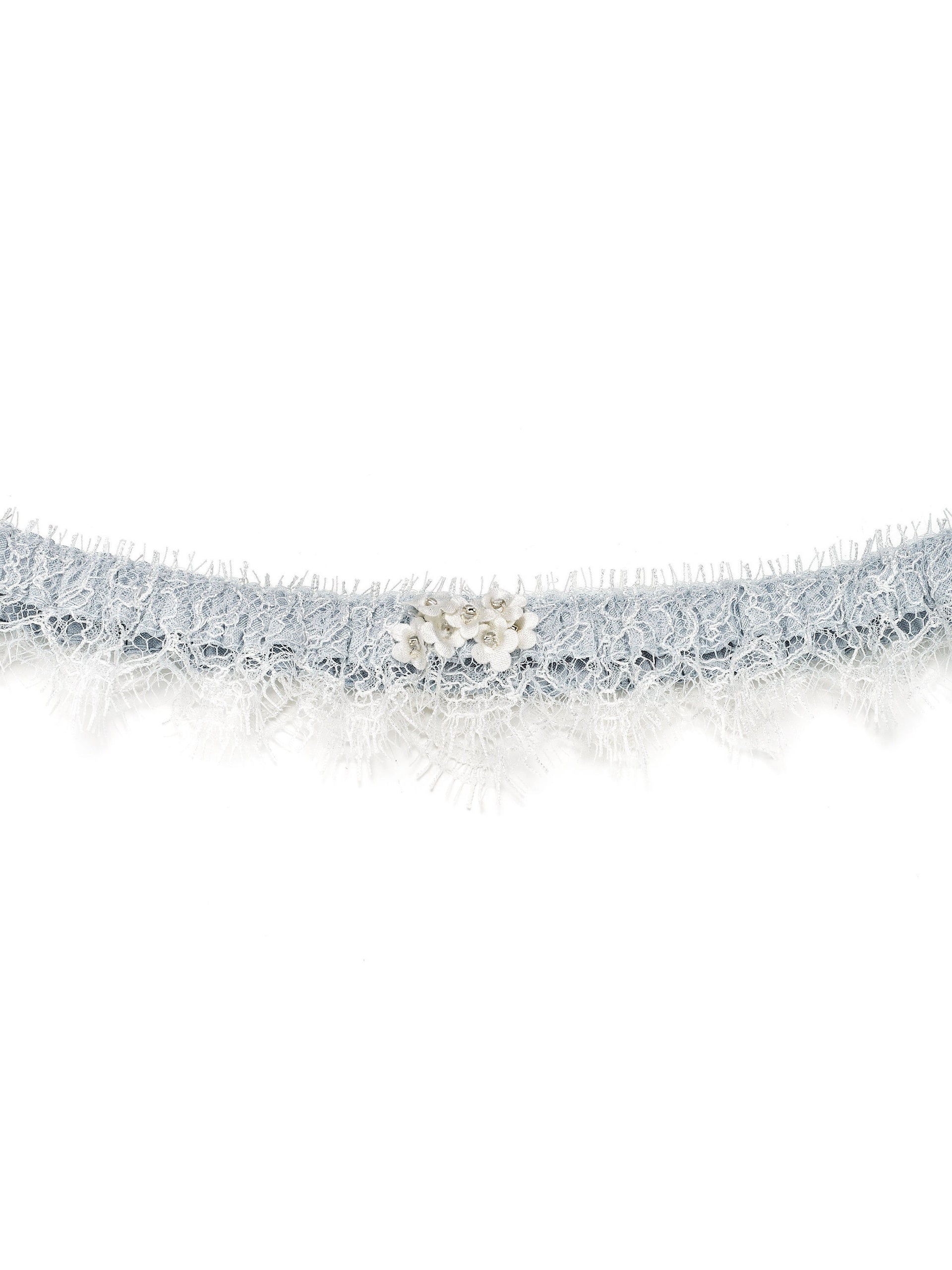 Blue silk lace wedding garters, made in the UK