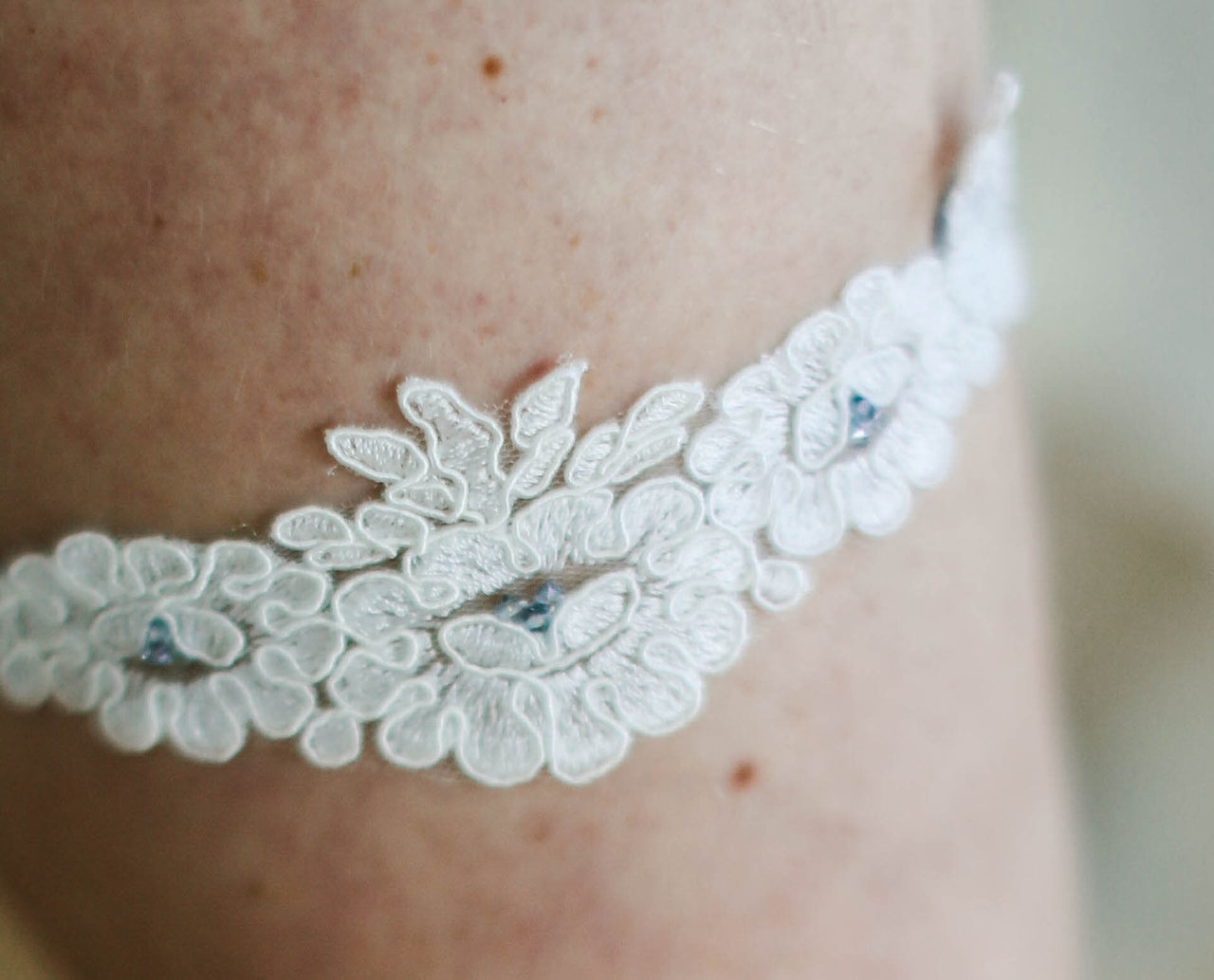Handmade French lace and blue velvet wedding garter, made in the UK Truro Cornwall