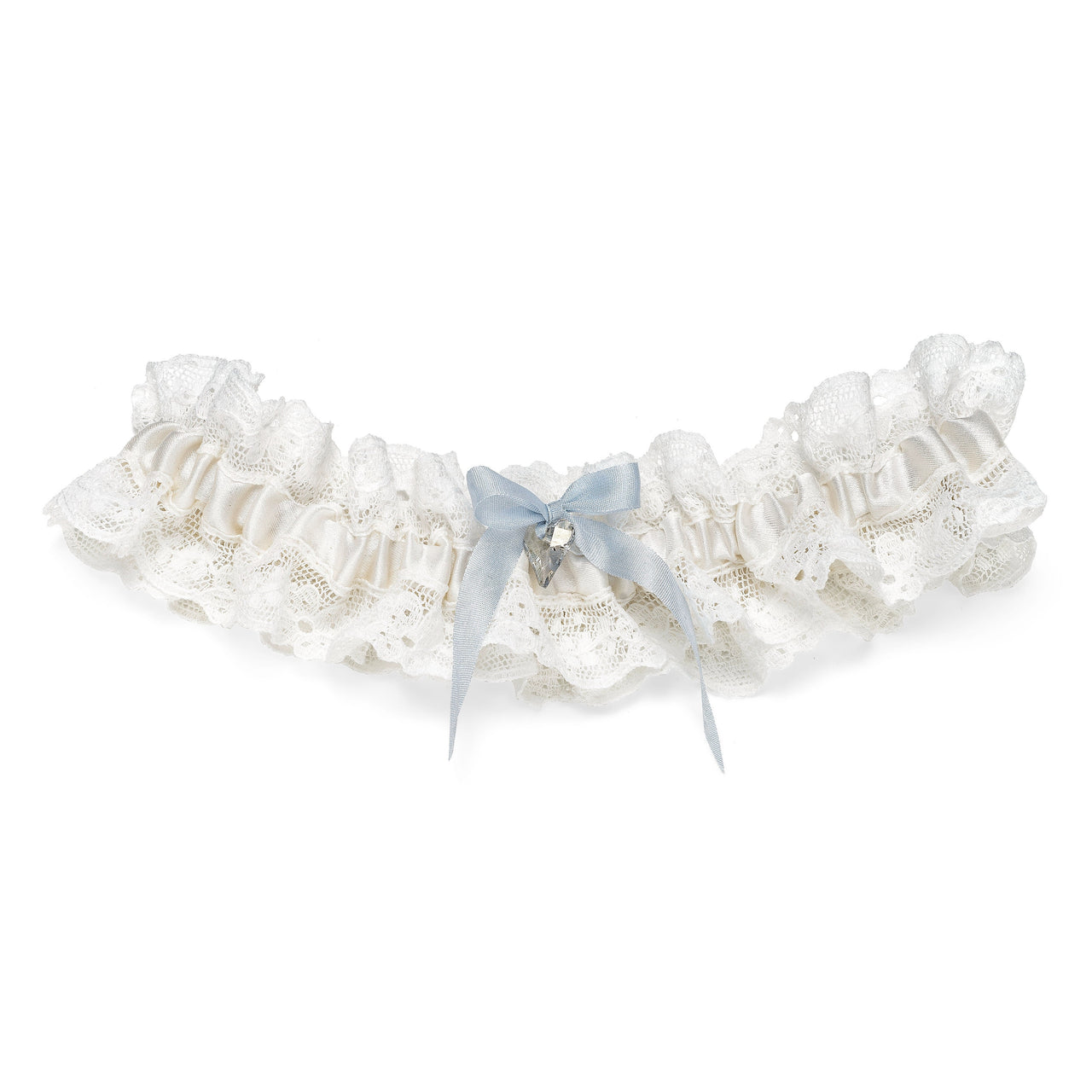 Lace Wedding garter, ivory silk and Nottingham lace, with a blue silk ribbon bow and vintage style Swarovski crystal heart