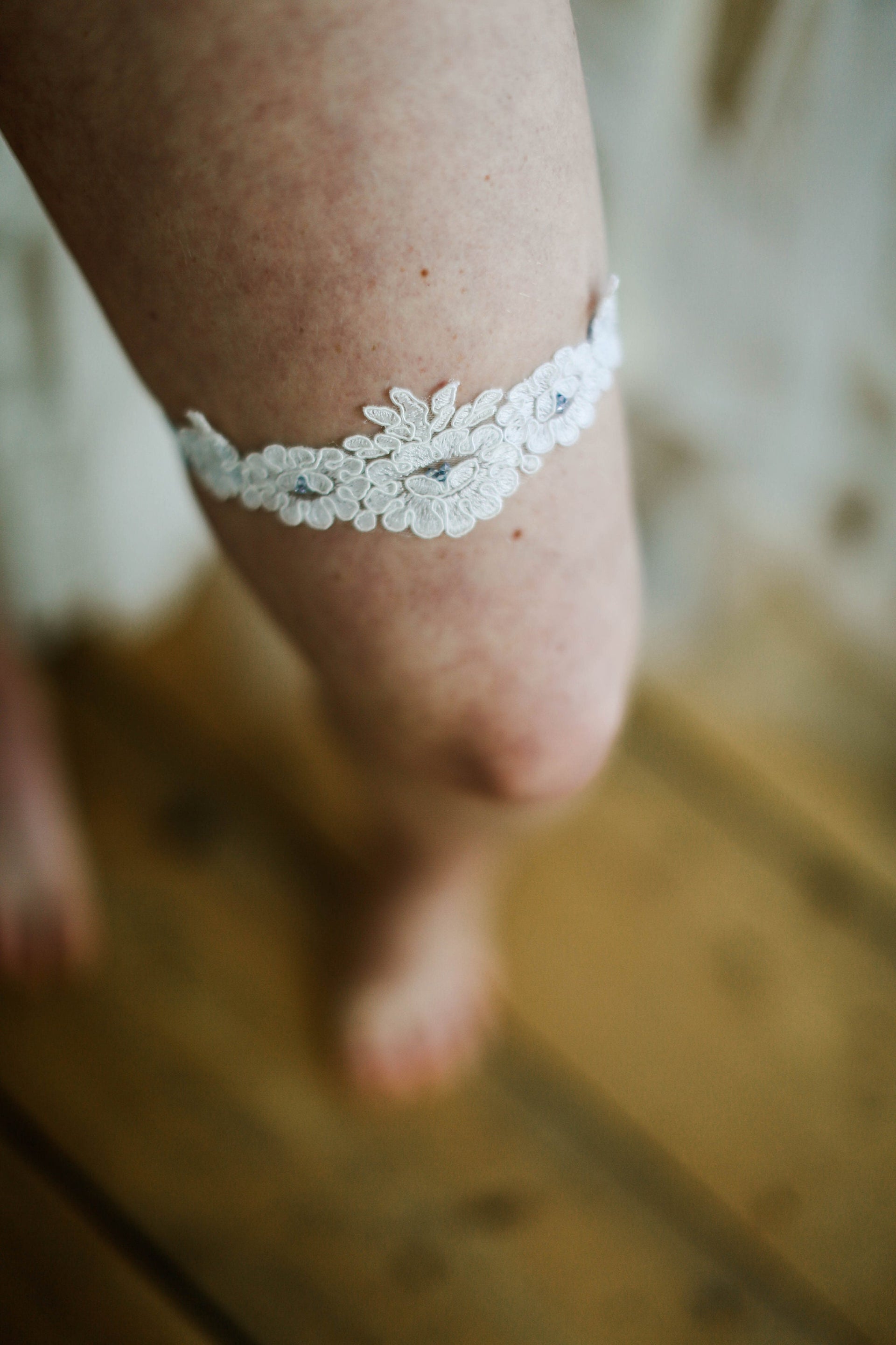 Beaded lace and hand dyed blue velvet wedding garters, made in the UK Made in Cornwall