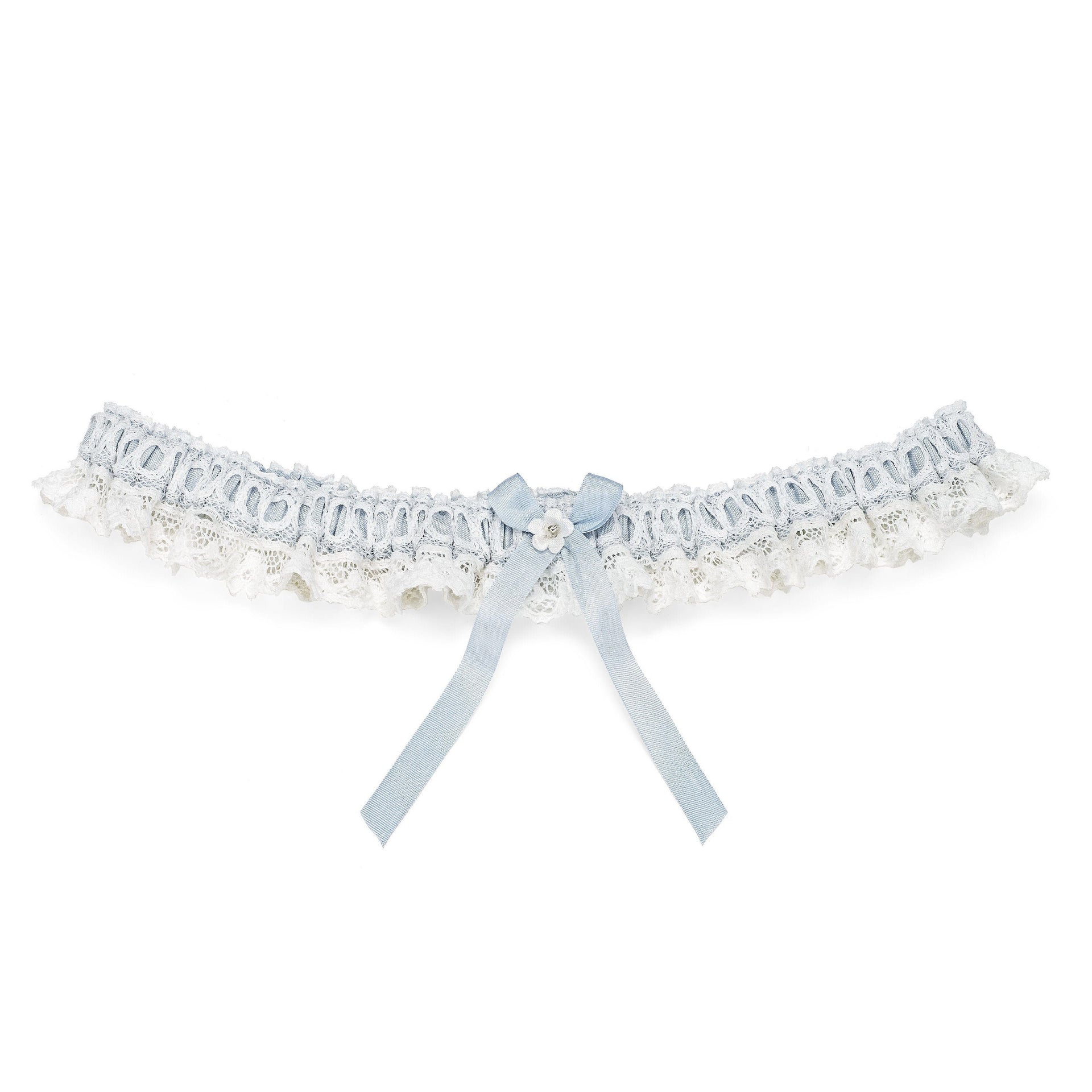 Blue silk and Nottingham lace wedding garter, Truro, UK