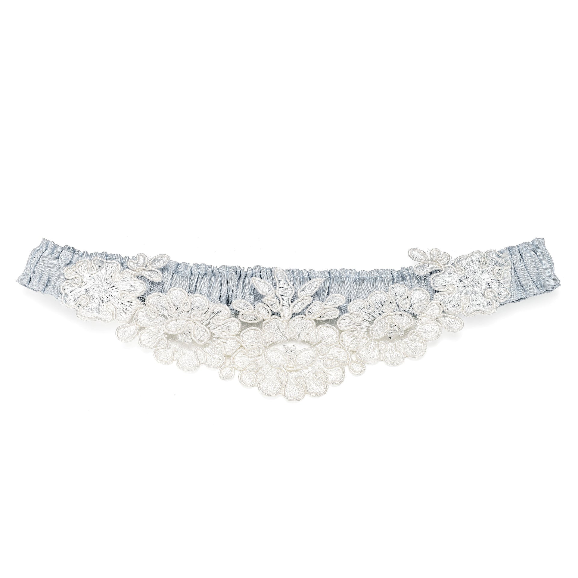 Blue silk and French lace wedding garters, handmade in the UK